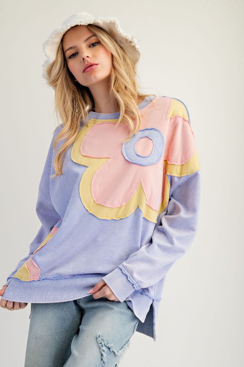 Easel lilac blue flower patch sweatshirt top
