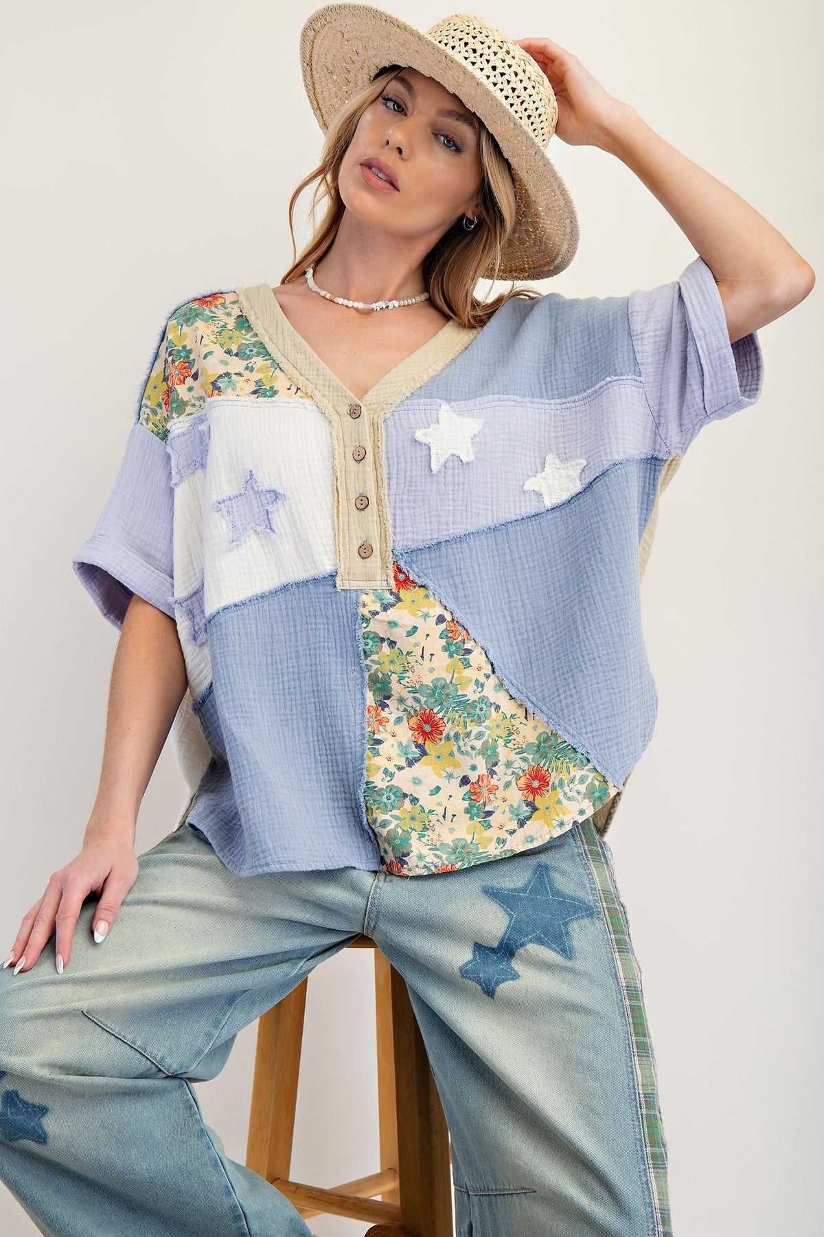 Easel patchwork cotton gauze top dusty blue