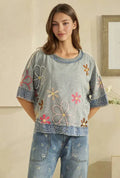 Oli and Hali slate blue floral embroidered top