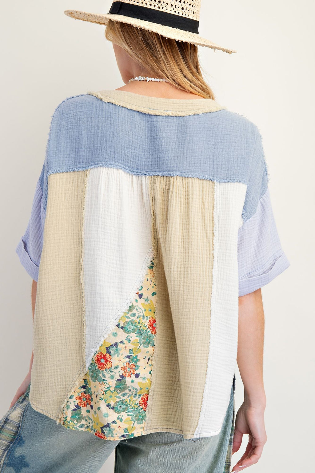 Easel patchwork cotton gauze top dusty blue