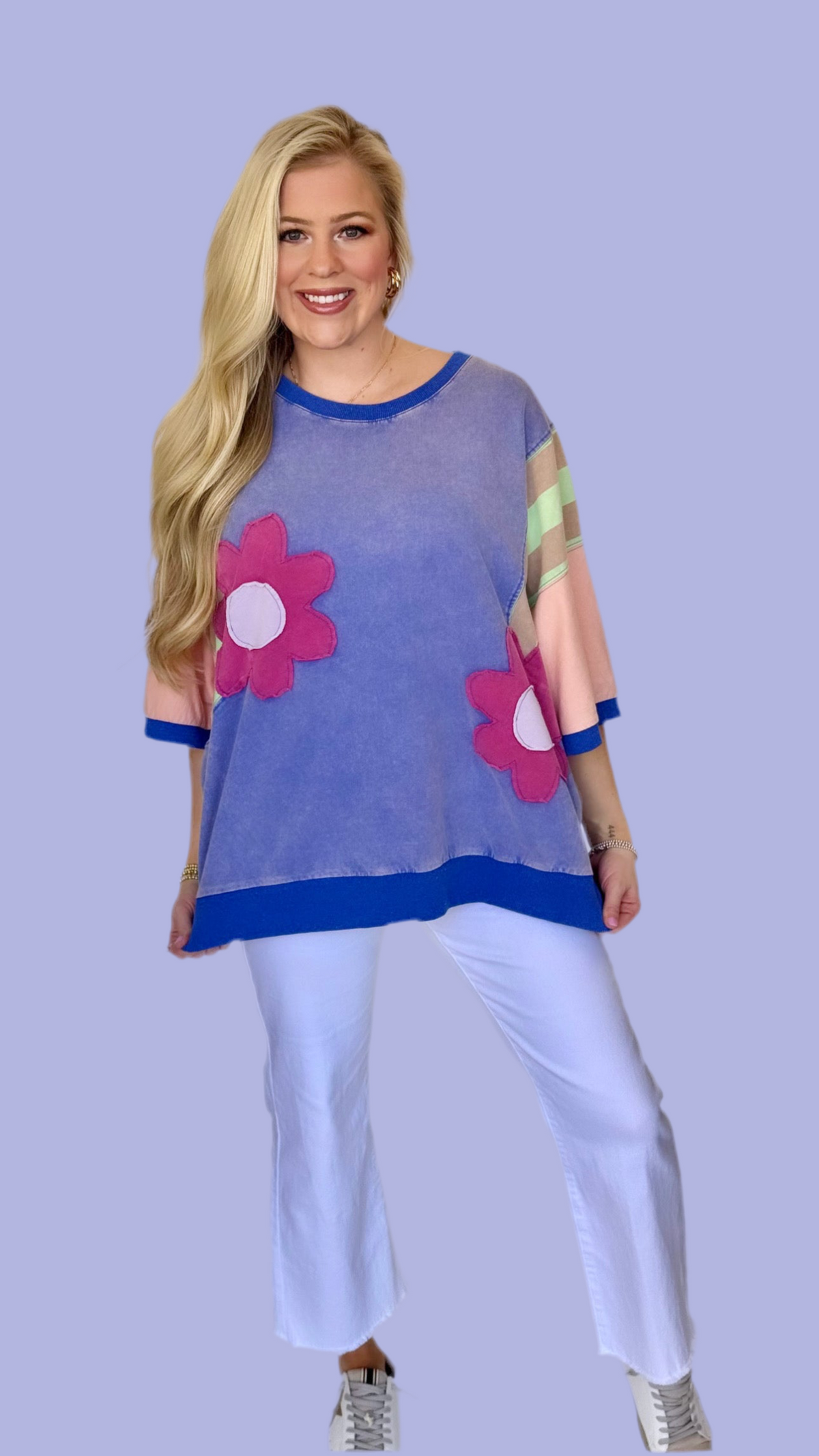 Easel knit color block top with flower patches