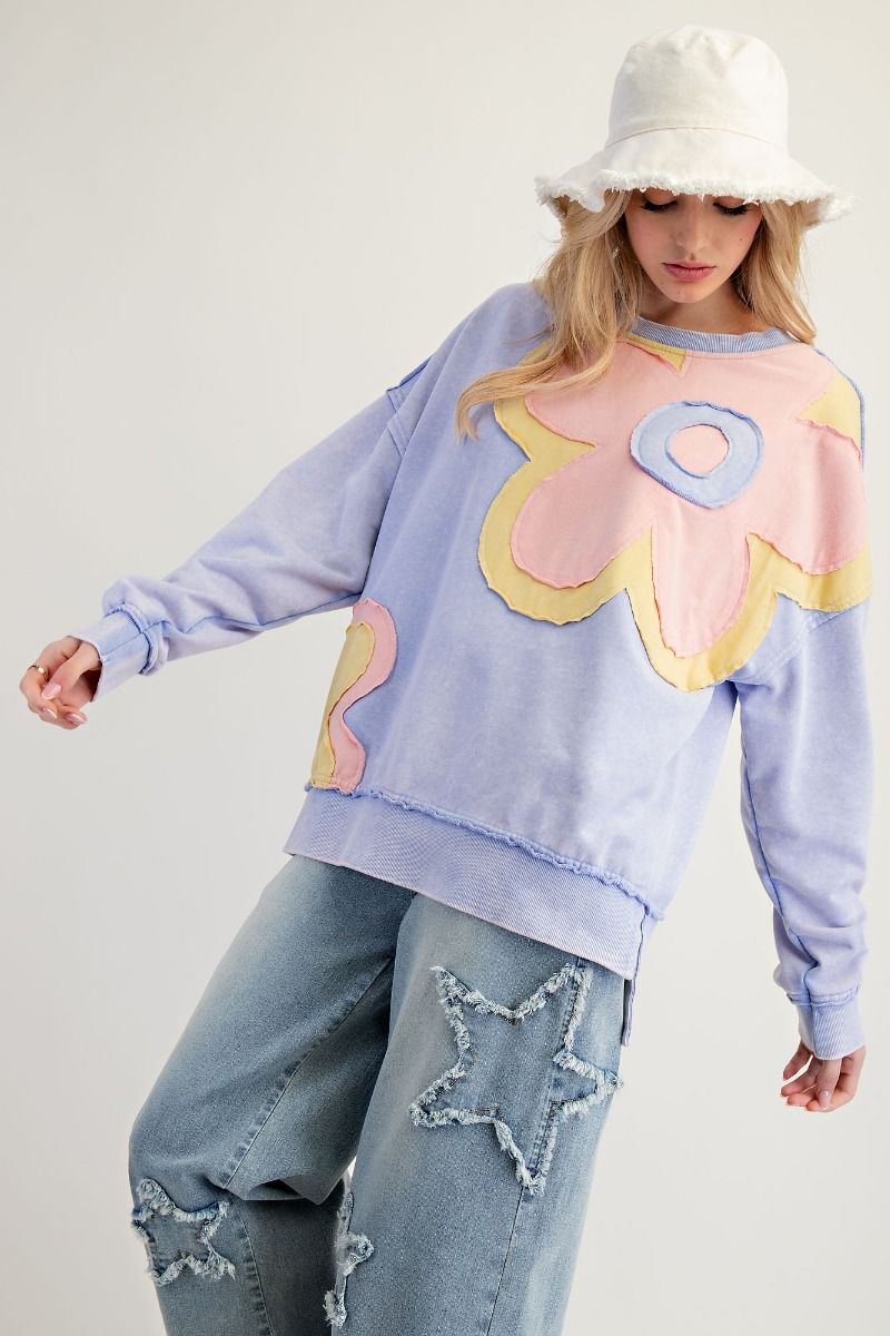 Easel lilac blue flower patch sweatshirt top