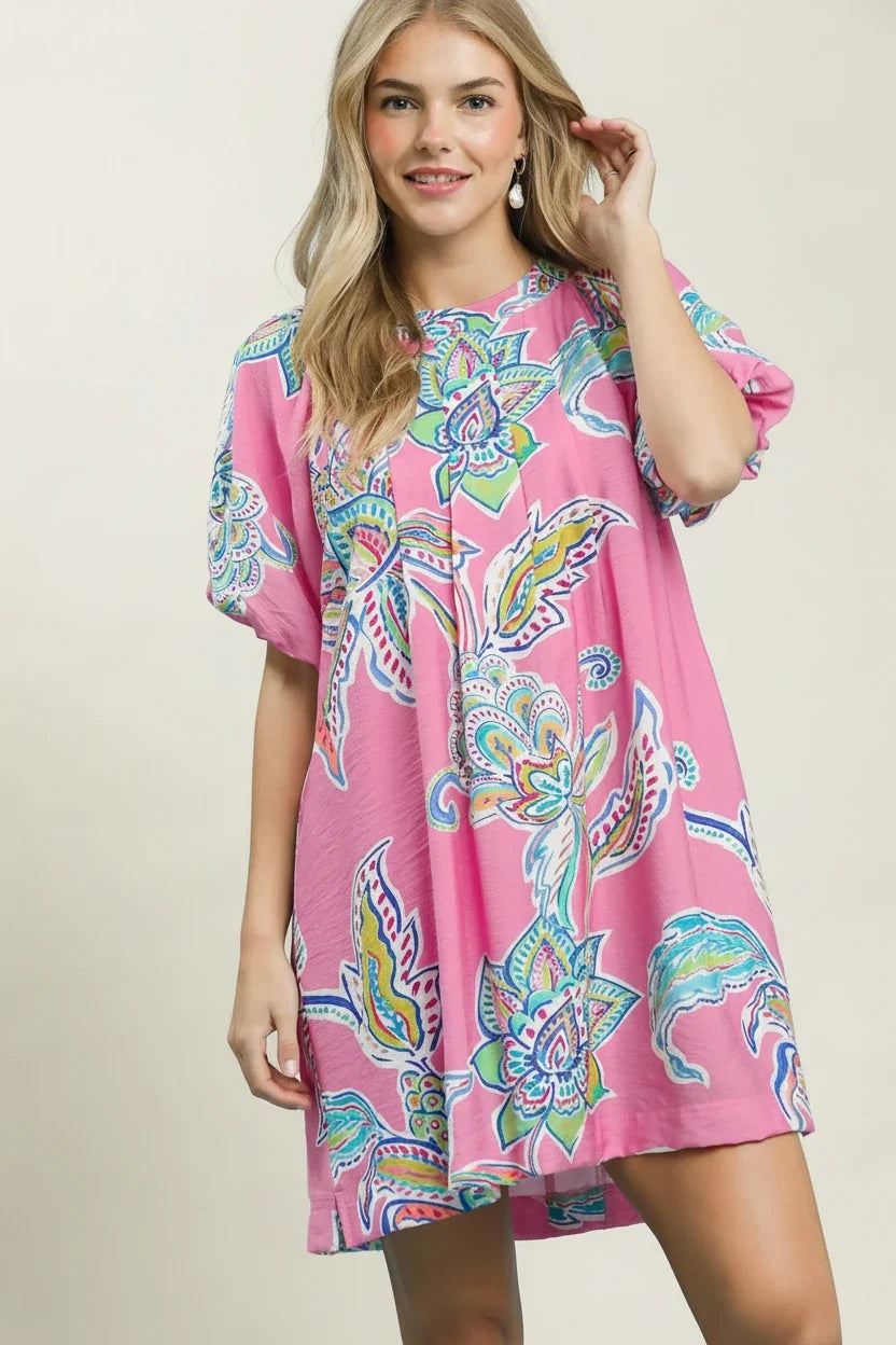 Umgee LINING PLEATED ROUND NECK BUBBLE SLEEVE PRINTED DRESS WITH SIDE VENT W/ POCKETS