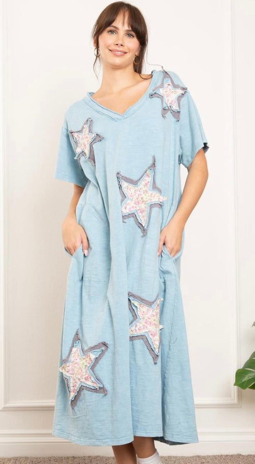 Blue velvet T-shirt star patch dress