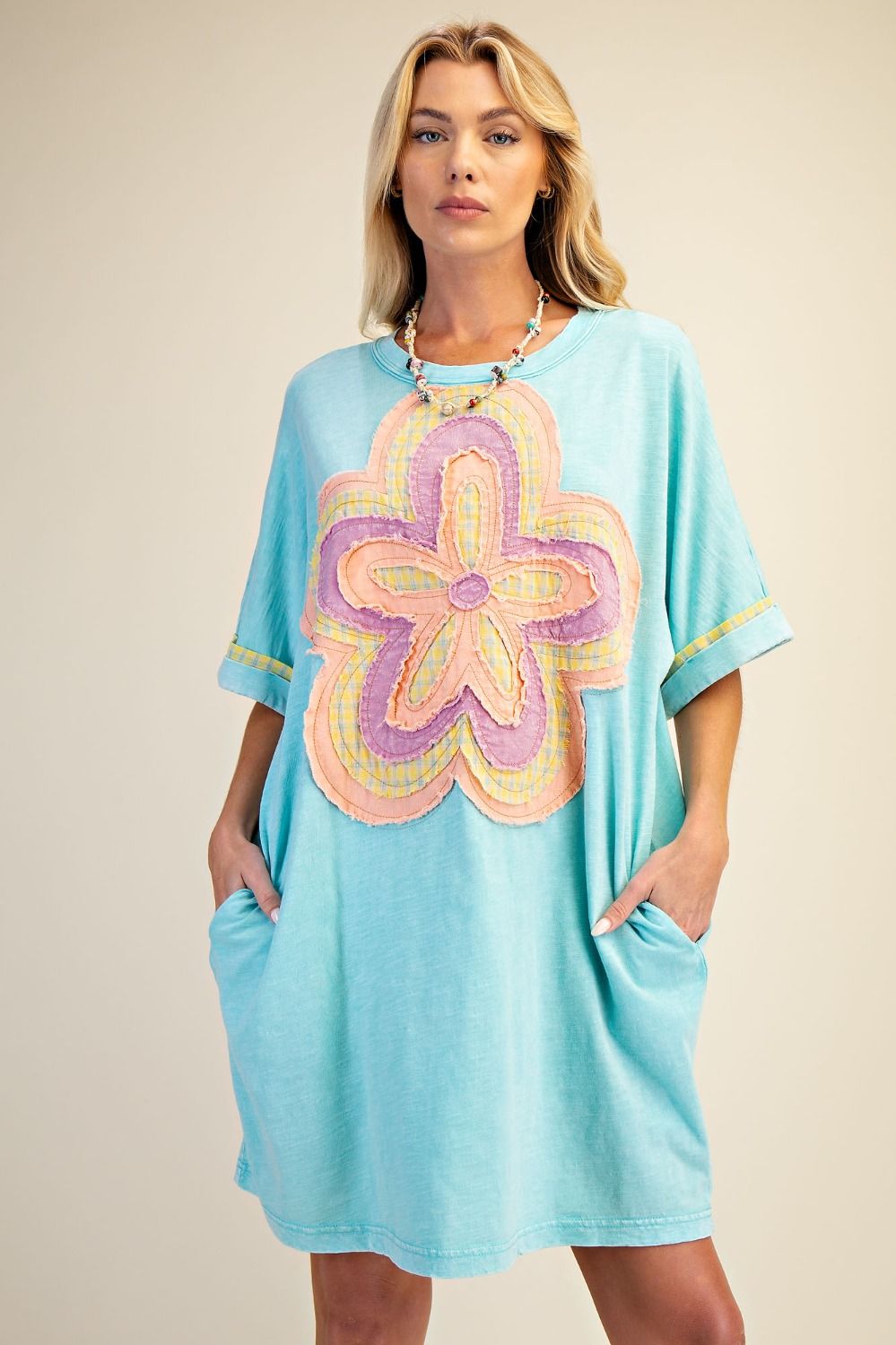 Easel FLORAL PATCH FRONT WASHED COTTON DRESS