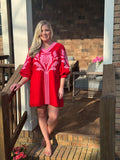 Jodifl pink & red embroidered collared linen dress