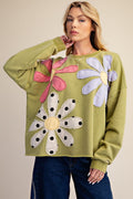 EASEL FLORAL PATCH FRONT WASHED TERRY PULLOVER MATCHA