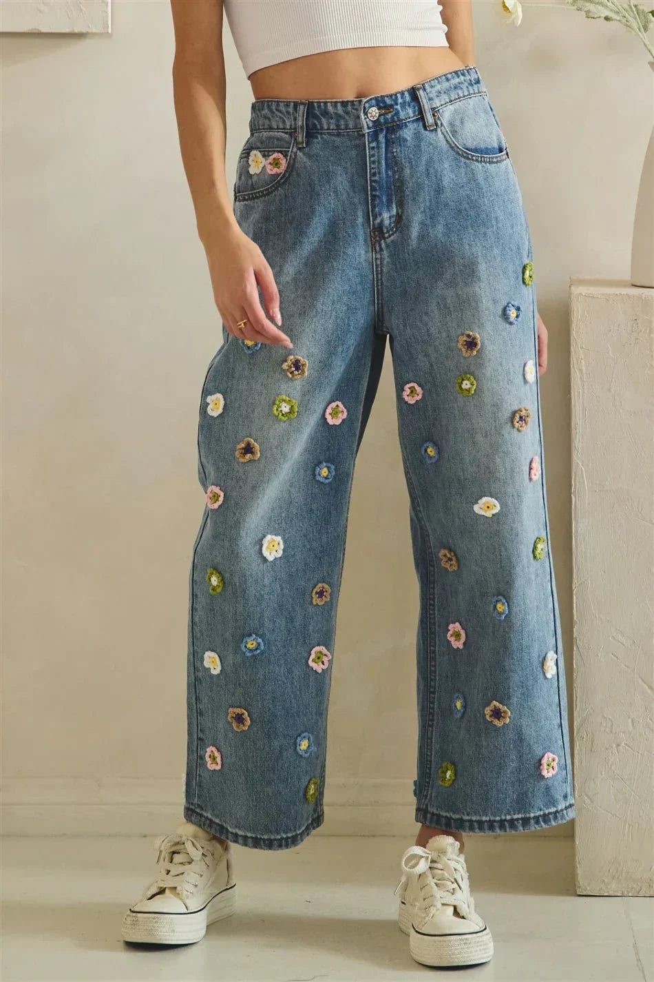 Oli and Hali crochet flower jeans